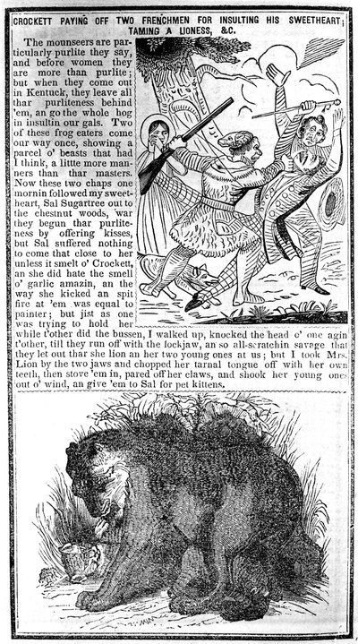 Davy Crockett Vyplácí dva Francouze za urážku své milé, Zkrocení lvice atd., ilustrace z Crocketts Almanack od American School