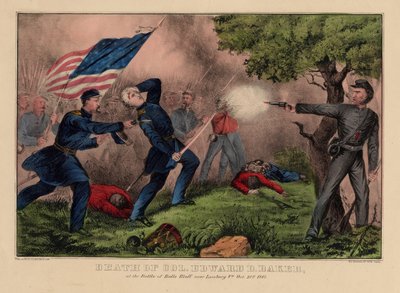 Smrt plukovníka Edwarda D. Bakera v bitvě u Balls Bluff u Leesburgu VA., 21. října 1861, pub. od Currier & Ives, kolem roku 1861 od American School