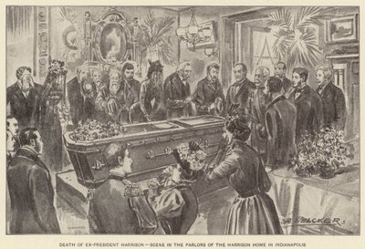 Smrt exprezidenta Harrisona, scéna v salonu Harrisonova domu v Indianapolisu (litografie) od American School