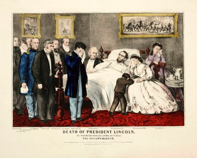 Smrt prezidenta Lincolna, ve Washingtonu, DC, 15. dubna 1865, pub. 1865 barevná litografie od American School