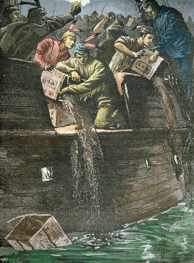 Zničení nákladu čaje, známé jako Boston Tea Party od American School