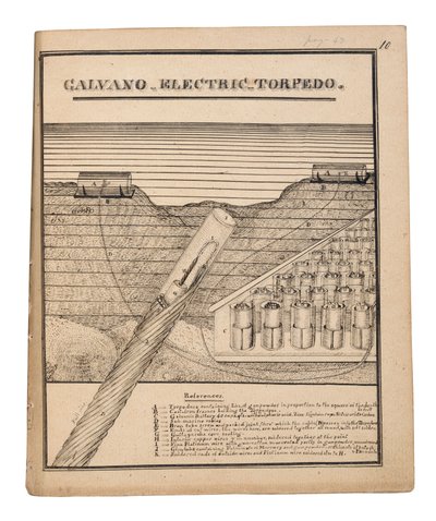 Schéma Rainsova elektrického torpéda Galvano (tužka a tuš na papíře) od American School