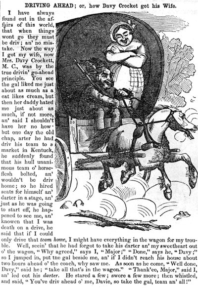 Driving Ahead, aneb Jak Davy Crockett získal svou manželku, z Crockettova almanachu na rok 1856, vydaný v New Yorku, 1855 od American School