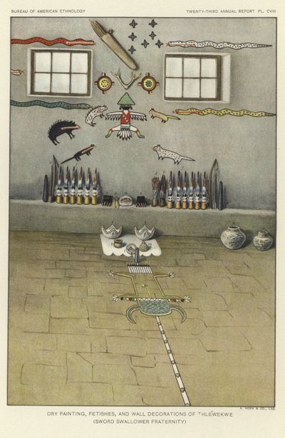 Suché malby, fetiše a nástěnné dekorace Thlewekwe (bratrstvo polykačů mečů) (barevná litografie) od American School