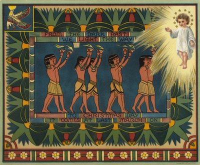 Vánoční pohlednice s egyptskou tematikou, která ukazuje, jak minulost vedla k Ježíši Kristu (barevná litografie) od American School