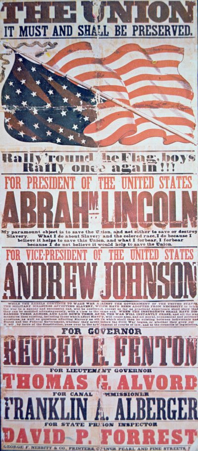 Volební plakát pro Abrahama Lincolna (1809-65) pro prezidenta a Andrewa Johnsona (1808-75) pro viceprezidenta od American School