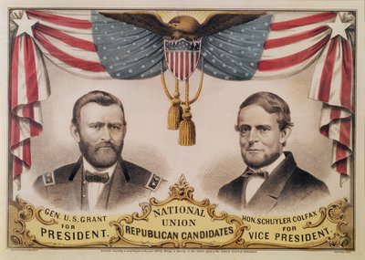 Volební plakát pro prezidentské volby v USA v roce 1868, na kterém jsou vyobrazeni Ulysses S. Grant a Schuyler Colfax, 1868 od American School