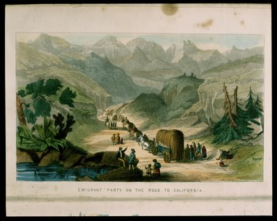 Emigrant Party on the Road to the California in 1596, ilustrace z Kalifornie, její historie, současné postavení a vyhlídky do budoucna, G. A. Fleming, 1850 od American School