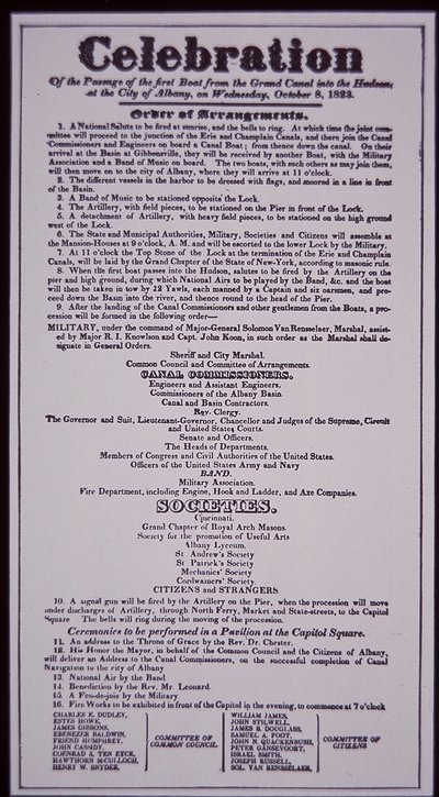 Erie Canal: klíčová část New York State Canal System; Broadside z 8. října 1823 slaví své otevření (dokončeno v roce 1825) (litho) od American School