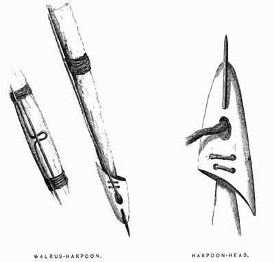 Eskymácké lovecké nástroje: Harpuny - Elisha Kent Kane, Arctic Explorations in the Years 1853-1855, sv. 1, str. 412, Philadelphia od American School