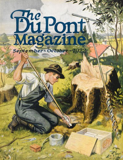 Farmář sázející dynamit DuPont, přední strana časopisu DuPont, září-říjen 1922 od American School