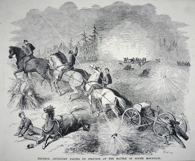 Federální dělostřelectvo zaujalo postavení v bitvě u Jižní hory, září 1862 (rytina) od American School