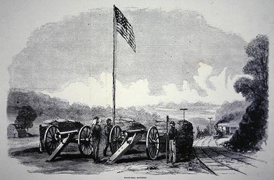 Federální baterie z pytlů s pískem na ochranu železnice během americké občanské války (1861-65) (litho) od American School