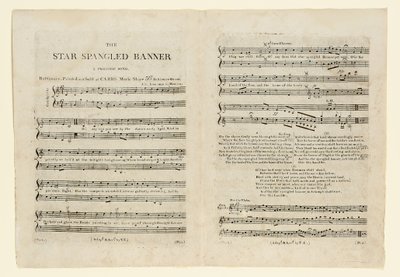 První vydání notového záznamu pro "The Star Spangled Banner. A Pariotic." od American School
