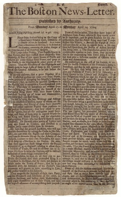 První vydání Boston News-Letter, 1704 (novinový papír) od American School