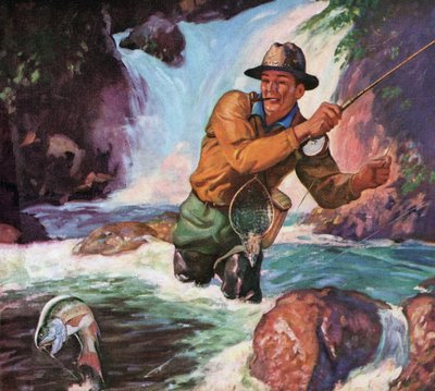 Muškař v řece při lovu pstruha potočního od American School