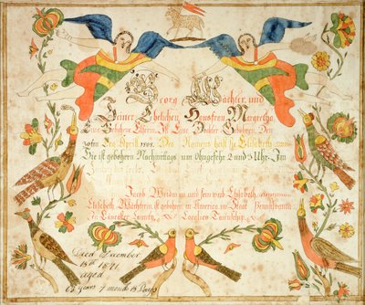 Fraktura rodného a křestního listu Elizabeth Wachterové (1808-71) 1808 (tuš a akvarel na papíře) od American School