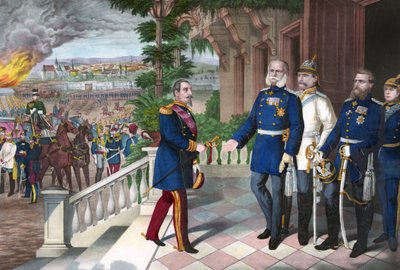 Francouzsko-pruská válka 1870-1871: Kapitulace Napoleona III. po bitvě u Sedanu, 2. září 1870. Barevná rytina, Američan, c1871 - Válka 1870: Napoleon III (1808-1873) zajatec po bitvě u Sedanu se setkává s Williamem Já Pruska (1797- od American School