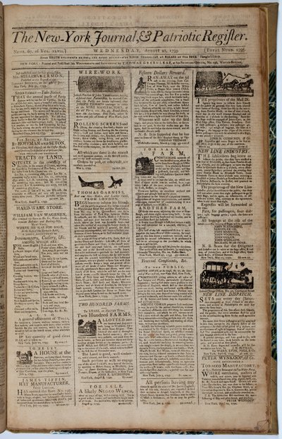Přední strana New York Journal and Patriot Register, 21. srpna 1793 od American School