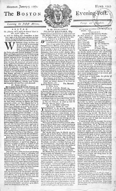 Přední strana Boston Evening Post oznamující smrt krále Jiřího II. (1683-1760), 5. ledna 1761 (tisk) od American School