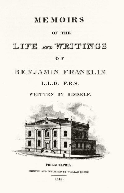Frontispice autobiografie „Vzpomínky na život a spisy Benjamina Franklina“ od Benjamina Franklina. Vydání z roku 1818. od American School