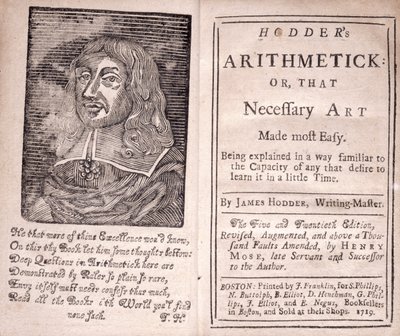 Frontispis a titulní strana pro Hodders Arithmetic or, That Necessary Art Made most Easy, James Hodder, 1719 od American School