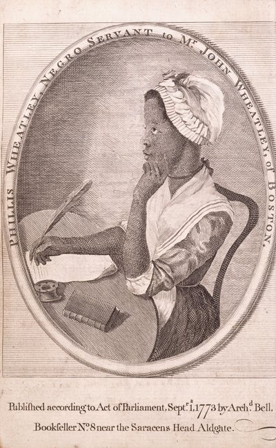 Frontispisový portrét autora, Phillis Wheatley, z knihy „Básně na různá témata, náboženská a morální“ od American School