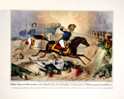 Statečný útok kentuckých vojáků v bitvě u Buena Visty, Feby. 1847 a úplná porážka Mexičanů, pub. 1847 (ručně kolorovaná litografie) od American School