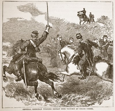 Generál Sheridan mění porážku ve vítězství u Cedar Creeku, z knižní publikace. 1896 od American School
