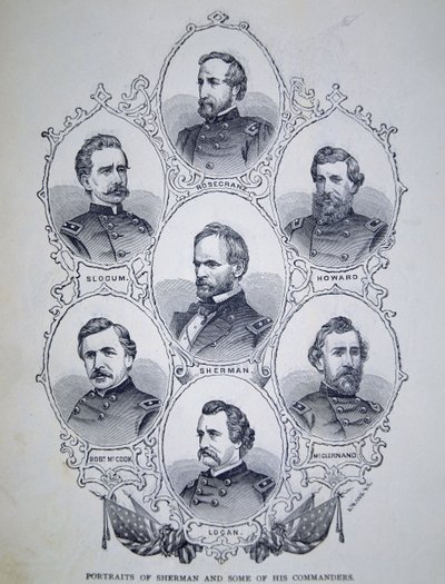 Generál William Tecumseh Sherman (1820-91) a někteří z jeho velitelů armády Unie (rytina) od American School