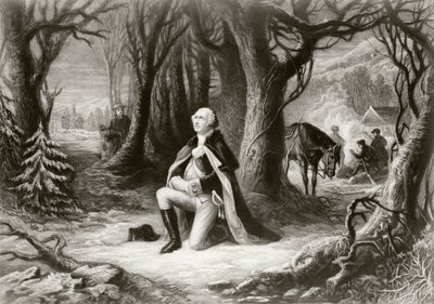 George Washington se modlí v táboře americké revoluční války ve Valley Forge v zimě 1777-78, podle obrazu Henryho Bruecknera od American School
