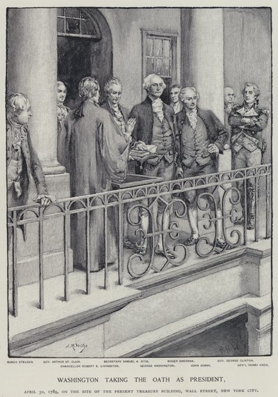 George Washington složil prezidentskou přísahu, 30. dubna 1789 (litho) od American School
