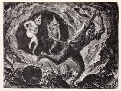 Gnómové děsí horníka, ze Světového průvodce po trpaslících, vílách, elfech a dalších malých lidech od Thomase Keightleyho (1789-1872) Vydáno 1880 od American School