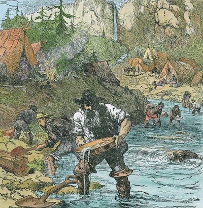 Praní zlata v Kalifornii, z knihy pub. 1896 (ručně kolorovaná rytina) od American School