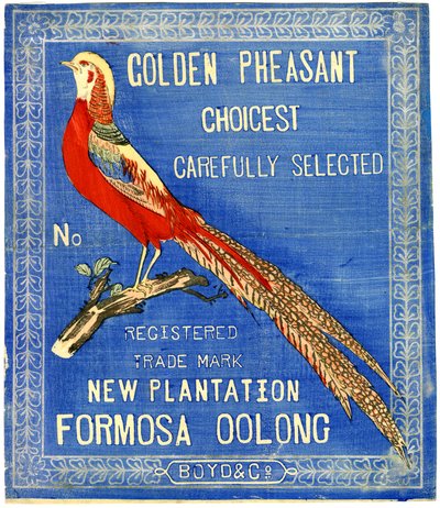 Zlatý bažant Nejlépe pečlivě vybírán, č. registrovaná ochranná známka New Plantation Formosa Oolong (blokový tisk (barevný inkoust na papíře s podkladem)) od American School