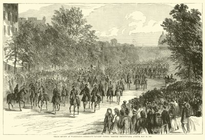 Velká recenze ve Washingtonu, Sheridans kavalérie projíždějící přes Pennsylvania Avenue, 23. května 1865, květen 1865 od American School