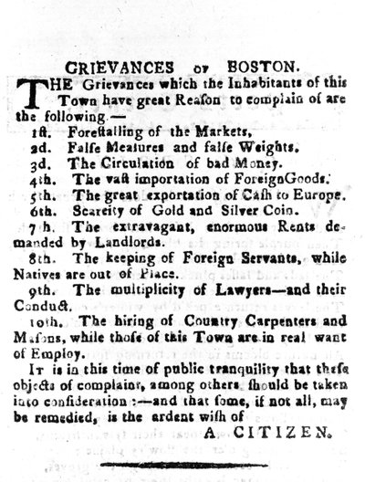 Grievances of Boston, dopis zveřejněný v Boston Gazette, 4. dubna 1786 (tisk) od American School