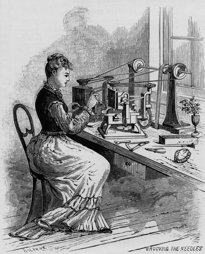 Drážkování jehel, ilustrace znázorňující výrobu šicích strojů z časopisu Scientific American, 1879 od American School