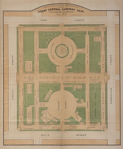 Půdorys budov Velkého centrálního sanitárního veletrhu, Logan Square, červen 1864 (barevná litografie) od American School
