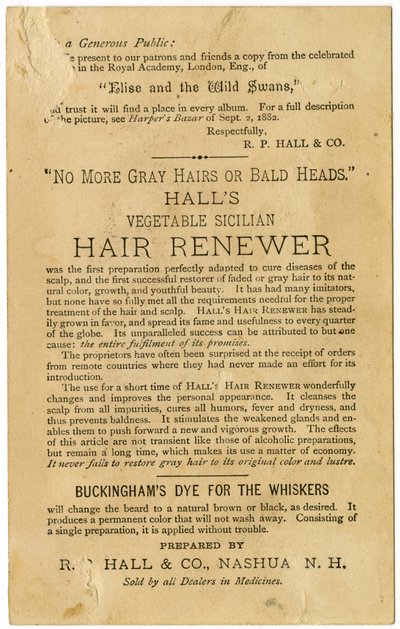 Halls Vegetable Sicilian Hair Renewer, navrací šedým vlasům jejich původní barvu a zabraňuje plešatění. Verso, (litografie [obchodní karta]) od American School