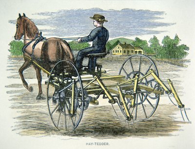 Zemědělský obraceč sena, cca 1880 (barevné rytí) od American School
