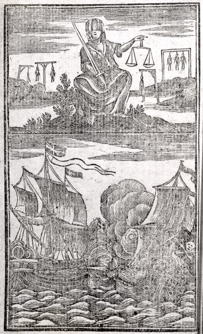 Historie a životy všech nejznámějších pirátů a jejich posádek, frontispis, Londýn, 1725 od American School