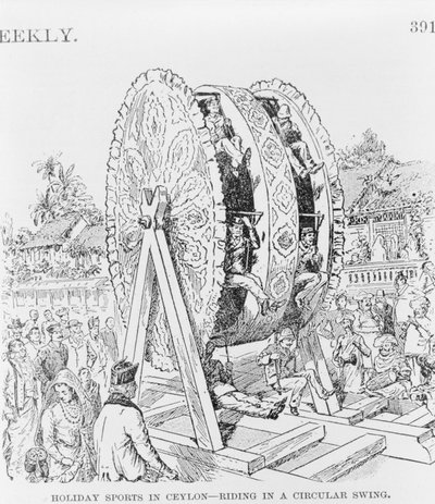 Prázdninové sporty na Cejlonu, jízda na kruhovém kole, kolem roku 1893 (ilustrace) od American School