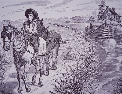 Koně táhnoucí loď na kanálu na vlečné cestě, Erie Canal (rytina) od American School
