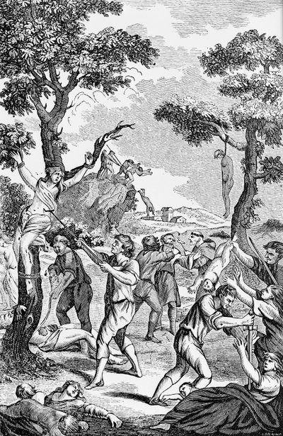 Ilustrace z antikatolické brožury zobrazující vraždy žen a dětí od American School