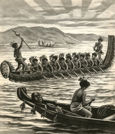 Ilustrace maorských válečníků na kánoích od American School