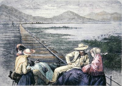 Inspekční vůz na Pacifické železnici, kolem roku 1870 (barevné rytí) od American School