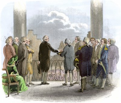 Investitura George Washingtona (1732-1799) (barevná rytina) od American School