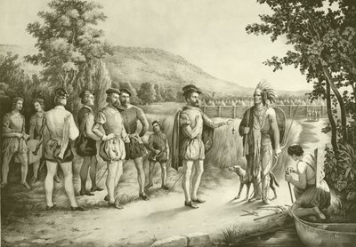 Jacques Cartier, jeho první rozhovor s indiány v Hochelaga nyní Montreal v roce 1535, kolem roku 1850 od American School