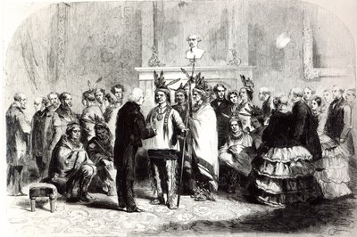 James Buchanan, prezident Spojených států, přiměl nepřátelské kmeny Pawnees a Poncas, aby si potřásly rukou, 1858 od American School